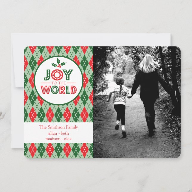 Tarjeta Festiva Argyle Joy To the World Navidades Picture (Holly) (Anverso)