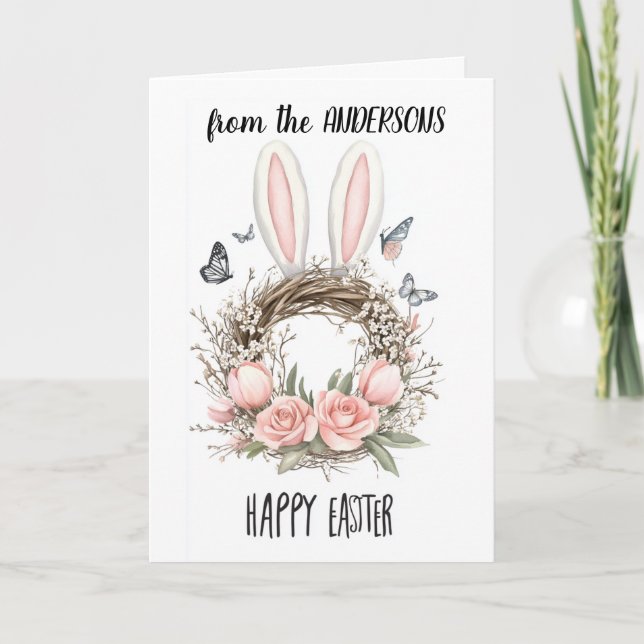 Tarjeta Festiva arreglo floral con orejas de conejo (Anverso)