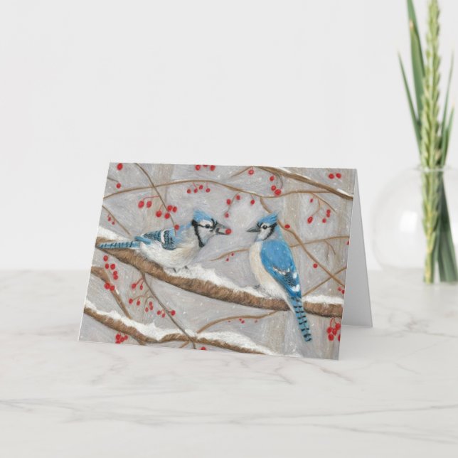 Tarjeta Festiva Arrendajos azules del artista autístico Marcy (Anverso)