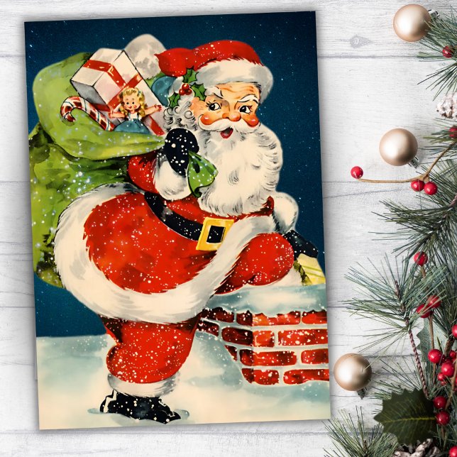Tarjeta Festiva Arriba En La Casa De Navidades De Santa Personaliz (Up On The Housetop Vintage Santa Custom Christmas Holiday Card)