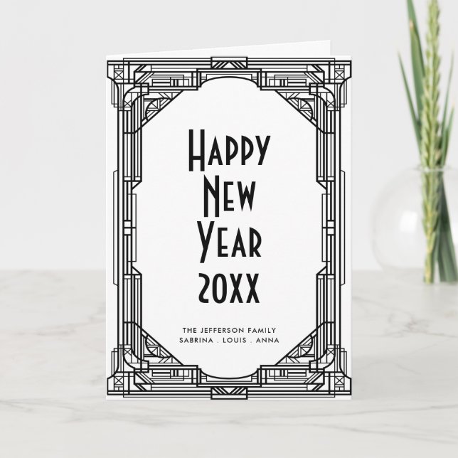 Tarjeta Festiva Art deco black and white Happy New Year (Anverso)