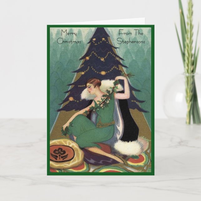 Tarjeta Festiva Art Deco Fashion Christmas Tree Retro Blank Inside (Anverso)