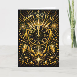 Tarjeta Festiva Art Deco Gold Midnight Clock Celebration