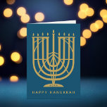 Tarjeta Festiva Art Deco Hanukkiah Menorah Happy Hanukkah<br><div class="desc">Desee a sus amigos y familia "Happy Hanukkah" con este hanukkiah inspirado en el art deco,  con colores comedibles tanto de la menorah como de los antecedentes. Foto opcional dentro.</div>