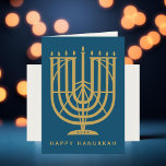 Tarjeta Festiva Art Deco Hanukkiah Menorah Happy Hanukkah<br><div class="desc">Desee a sus amigos y familia "Happy Hanukkah" con este hanukkiah inspirado en el art deco,  con colores comedibles tanto de la menorah como de los antecedentes. Foto opcional dentro.</div>