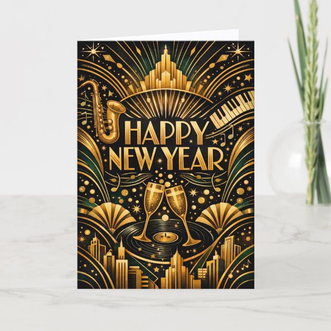 Tarjeta Festiva Art Deco Jazz Gold Happy New Year (Anverso)