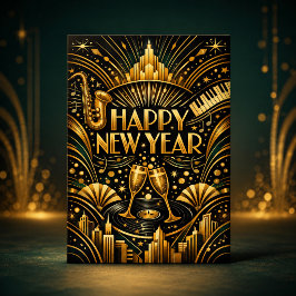 Tarjeta Festiva Art Deco Jazz Oro Feliz Año Nuevo