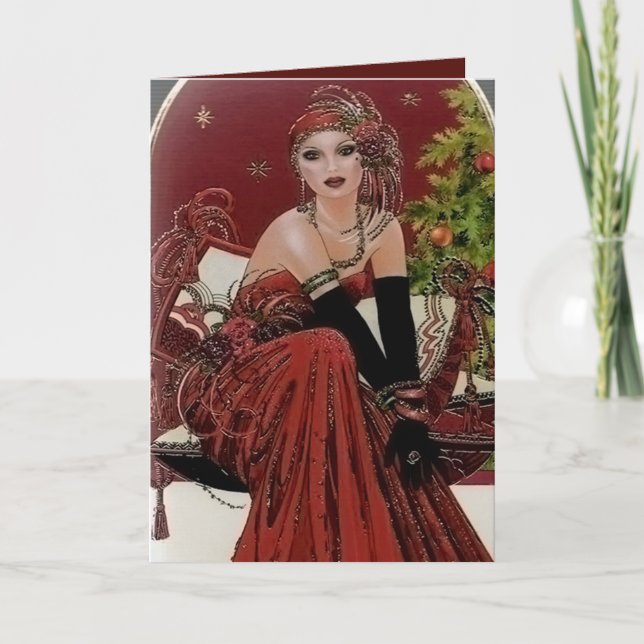 Tarjeta Festiva Art Deco retro vintage navideña (Anverso)