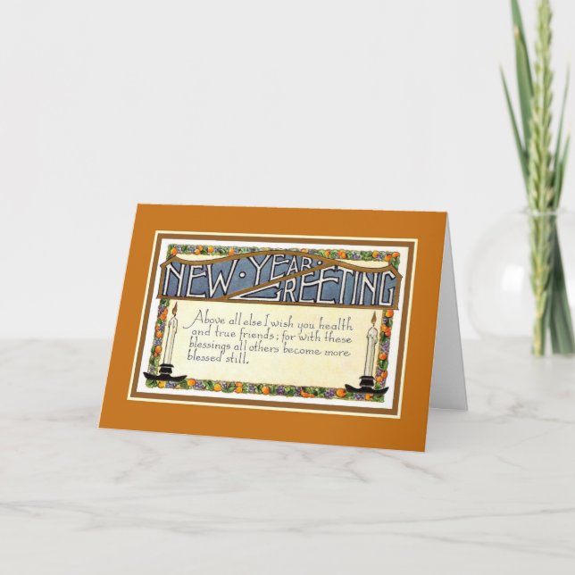 Tarjeta Festiva Art Deco Saludo Año Nuevo verso dorado marrón (Anverso)