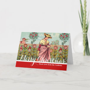 Tarjeta Festiva Arte Antiguo Mujer Flor Creciente Jardín