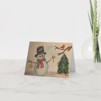 Tarjeta Festiva Arte de Acuarela de Muñeco de Nieve