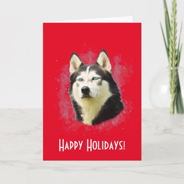 Tarjeta Festiva Arte de Acuarela de Perro Husky Siberiano Felices  (Anverso)