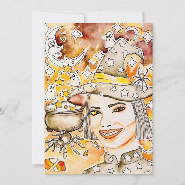 Tarjeta Festiva Arte de bruja de Halloween (Anverso)