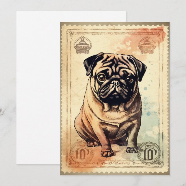 Tarjeta Festiva Arte de estampado de época de pug (Anverso / Reverso)