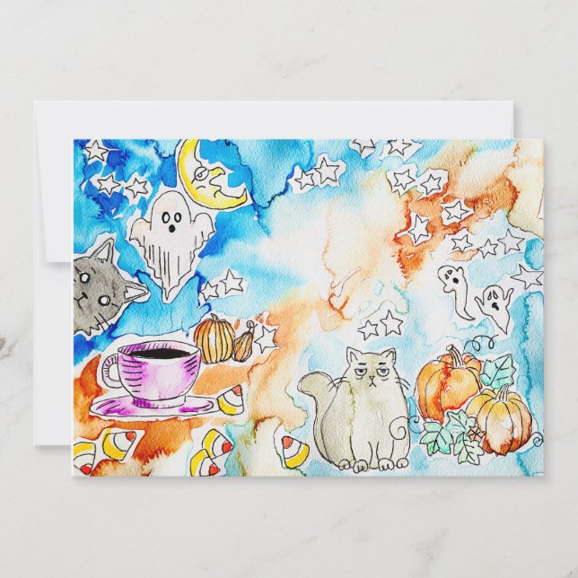Tarjeta Festiva Arte de gatos de Halloween (Anverso)
