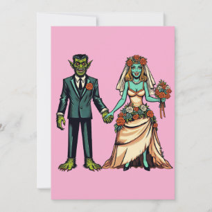 Tarjeta Festiva Arte de hombre monstruo y mujer monstruo novios y 