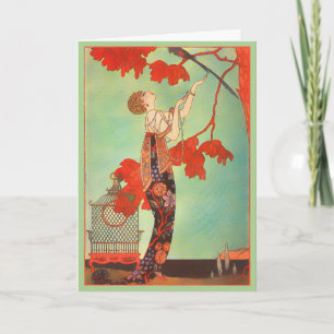 Tarjeta Festiva Arte de jardín jaula para pájaros loro Art Nouveau