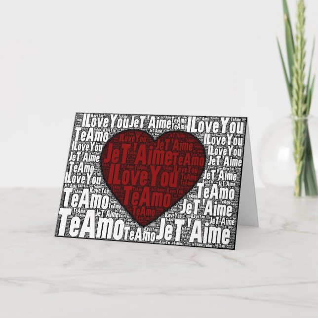 Tarjeta Festiva Arte de la palabra: "Te amo" 3 idiomas - corazón (Anverso)