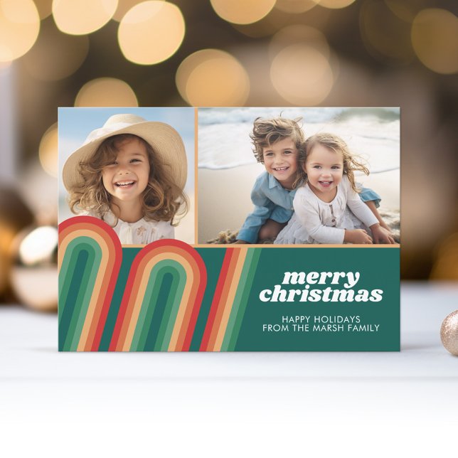 Tarjeta Festiva Arte de línea curva retro - 2 fotos - Feliz Navida (Retro Curvy Line Art - Christmas Card with 2 Photos)