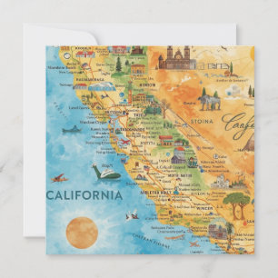 Tarjeta Festiva Arte de Mapa de Acuarela Ilustrado de California