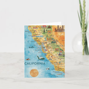 Tarjeta Festiva Arte de Mapa de Acuarela Ilustrado de California