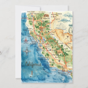 Tarjeta Festiva Arte de mapa de viaje de California en acuarela vi
