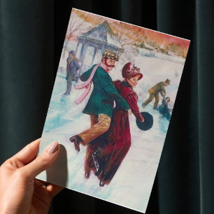 Tarjeta Festiva Arte de Navidades de patinaje sobre hielo retro