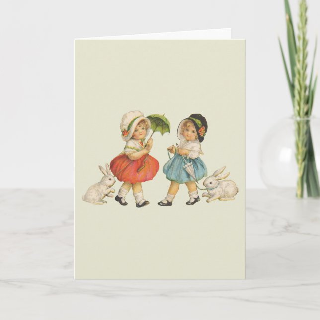 Tarjeta Festiva Arte de Pascua Antiguo Conejo Infantil (Anverso)