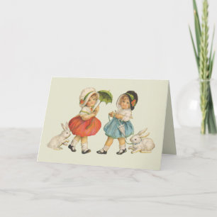 Tarjeta Festiva Arte de Pascua Antiguo Conejo Infantil