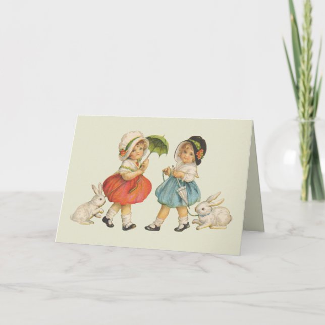 Tarjeta Festiva Arte de Pascua Antiguo Conejo Infantil (Anverso)