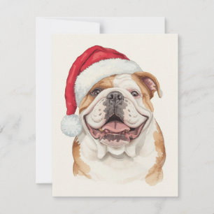 Tarjeta Festiva Arte de sombrero de Santa en acuarela de Bulldog f