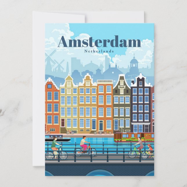 Tarjeta Festiva Arte de viaje Viajar a Amsterdam (Anverso)