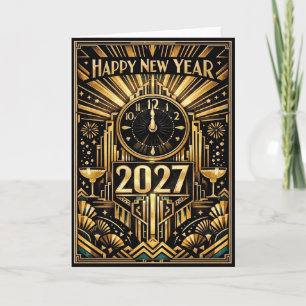 Tarjeta Festiva Arte Deco Año Nuevo 2027 Dorado Vintage