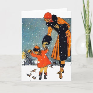 Tarjeta Festiva Arte Deco Vintage Invierno Madre e Hijo en la Niev