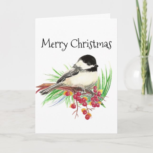 Tarjeta Festiva Arte del pájaro del Chickadee de la acuarela de (Anverso)