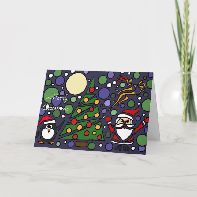 Tarjeta Festiva Arte divertido de Navidades de Santa y Pingüino (Anverso)
