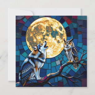 Tarjeta Festiva Arte en mosaico de lobo y búho   Saludando