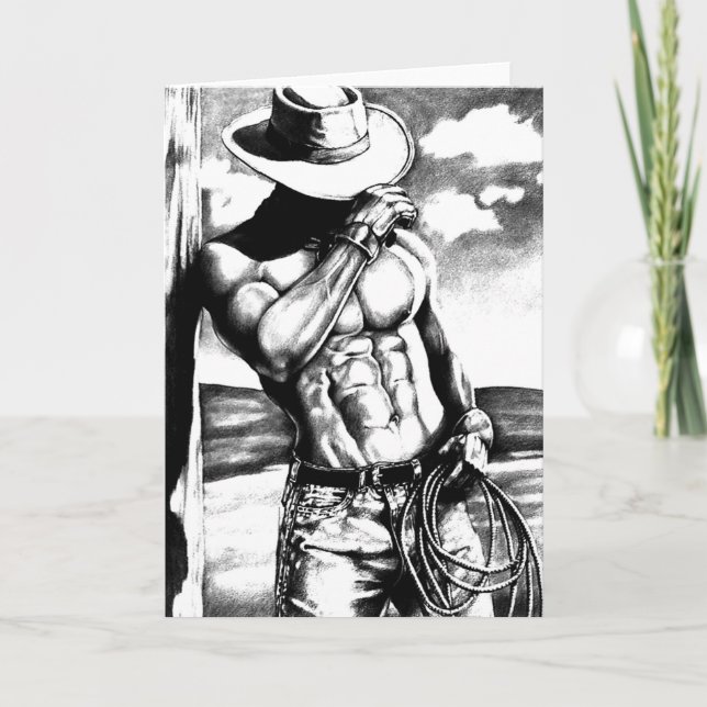 Tarjeta Festiva arte fino masculino genial dibujar cowboy bodybuil (Anverso)