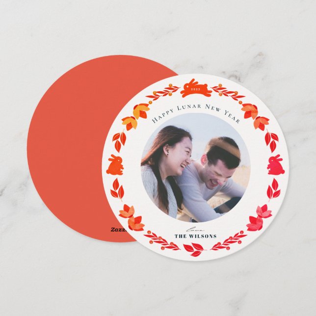 Tarjeta Festiva Arte folclórico conejo rojo foto Año nuevo chino (Anverso / Reverso)