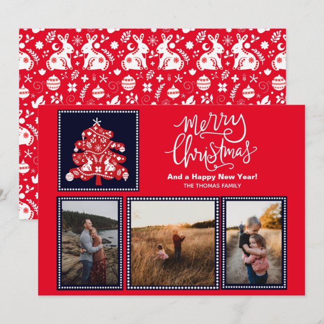 Tarjeta Festiva Arte folclórico escandinavo Merry Christmas Tree 3 (Anverso / Reverso)