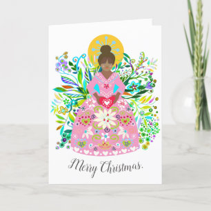 Tarjeta Festiva Arte folclórico moderno Ángel Navidades afroameric