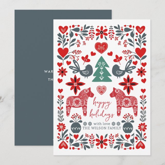 Tarjeta Festiva Arte folclórico nórdico escandinavo Navidades de f (Anverso / Reverso)