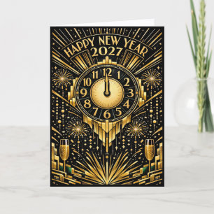 Tarjeta Festiva Arte Glamuroso Dorado Art Déco Medianoche Año Nuev