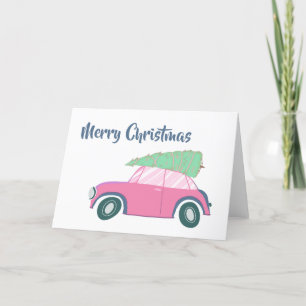 Tarjeta Festiva Arte Navideño Caprichoso de Coche Retro Rosa y Árb
