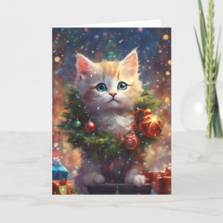 Tarjeta Festiva Arte Navideño de Gatito Adorable Ayudante de Santa