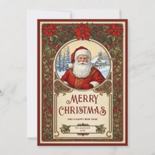 Tarjeta Festiva Arte Navideño de Papá Noel Art Nouveau Vintage