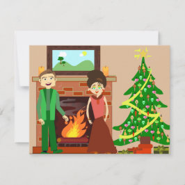 Tarjeta Festiva Arte Navideño Vintage de Pareja Romántica en Vacac