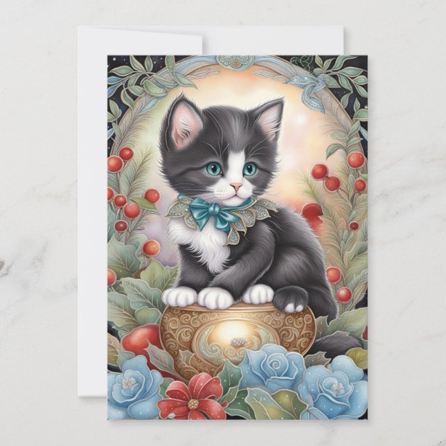 Tarjeta Festiva Arte Nouveau floral gato esmoquinado  (Anverso)