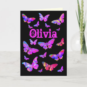 Tarjeta Festiva Arte pop mariposa rosa psicodélico nombre Olivia