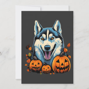 Tarjeta Festiva Arte pop molinando perro Husky con calabazas Hallo